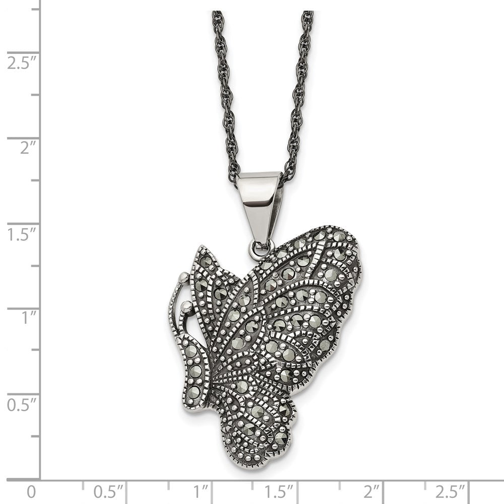 Chisel Stainless Steel Antiqued and Polished with Marcasite Butterfly Pendant on a 20 inch Singapore Chain Necklace