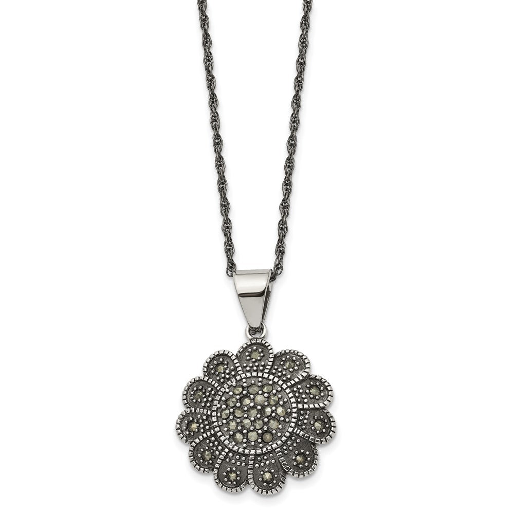 Stainless Steel Antiqued and Polished Marcasite Flower 20in Necklace