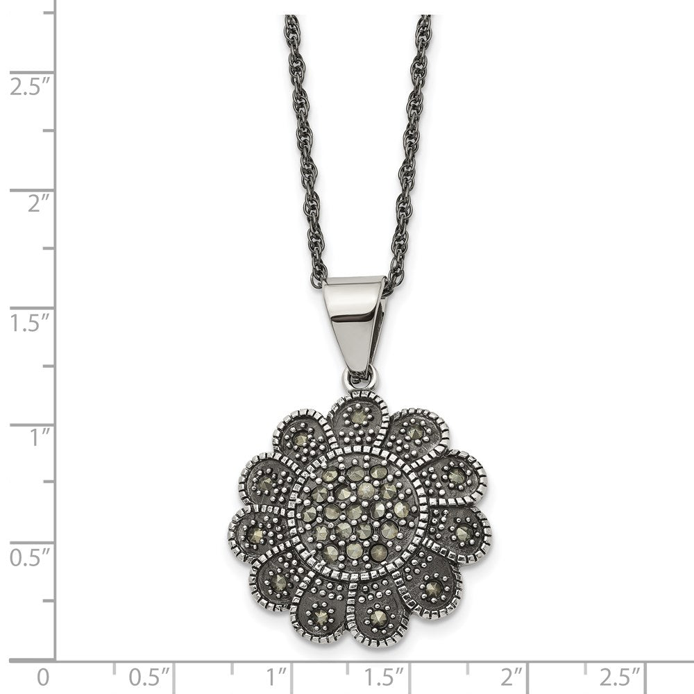 Stainless Steel Antiqued and Polished Marcasite Flower 20in Necklace