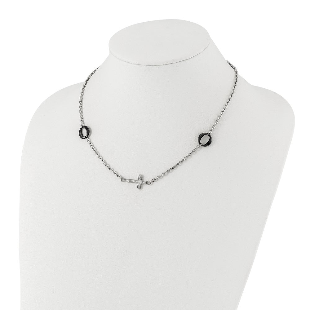 Stainless Steel & Black Ceramic Polished Sideways CZ Cross Necklace