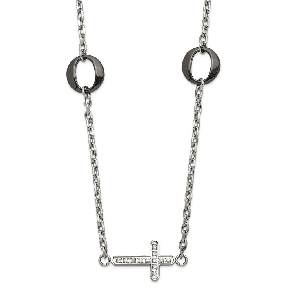 Stainless Steel & Black Ceramic Polished Sideways CZ Cross Necklace