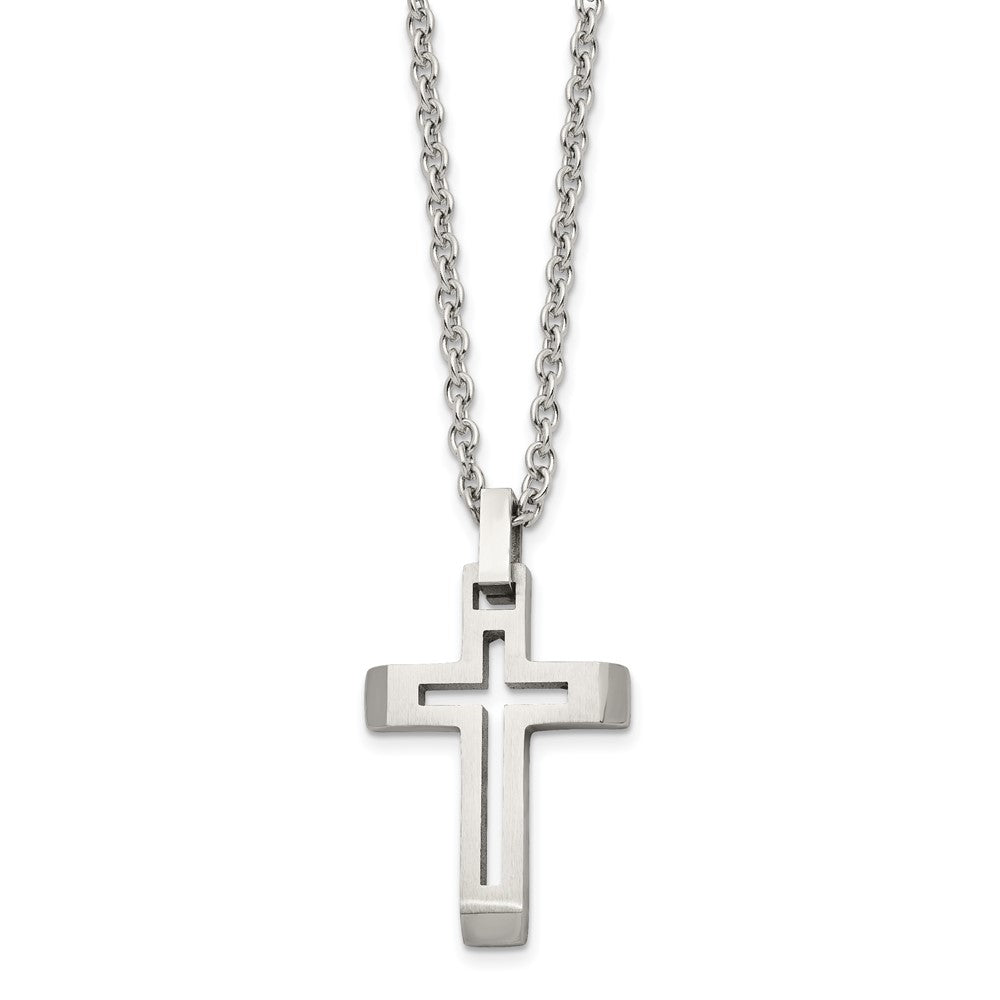 Chisel Stainless Steel Brushed and Polished Cut-out Cross Pendant on a 20 inch Cable Chain Necklace