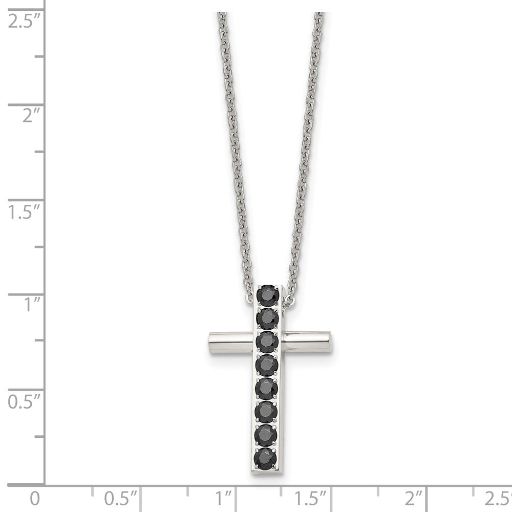 Stainless Steel Polished w/Black CZ Cross 22in Necklace