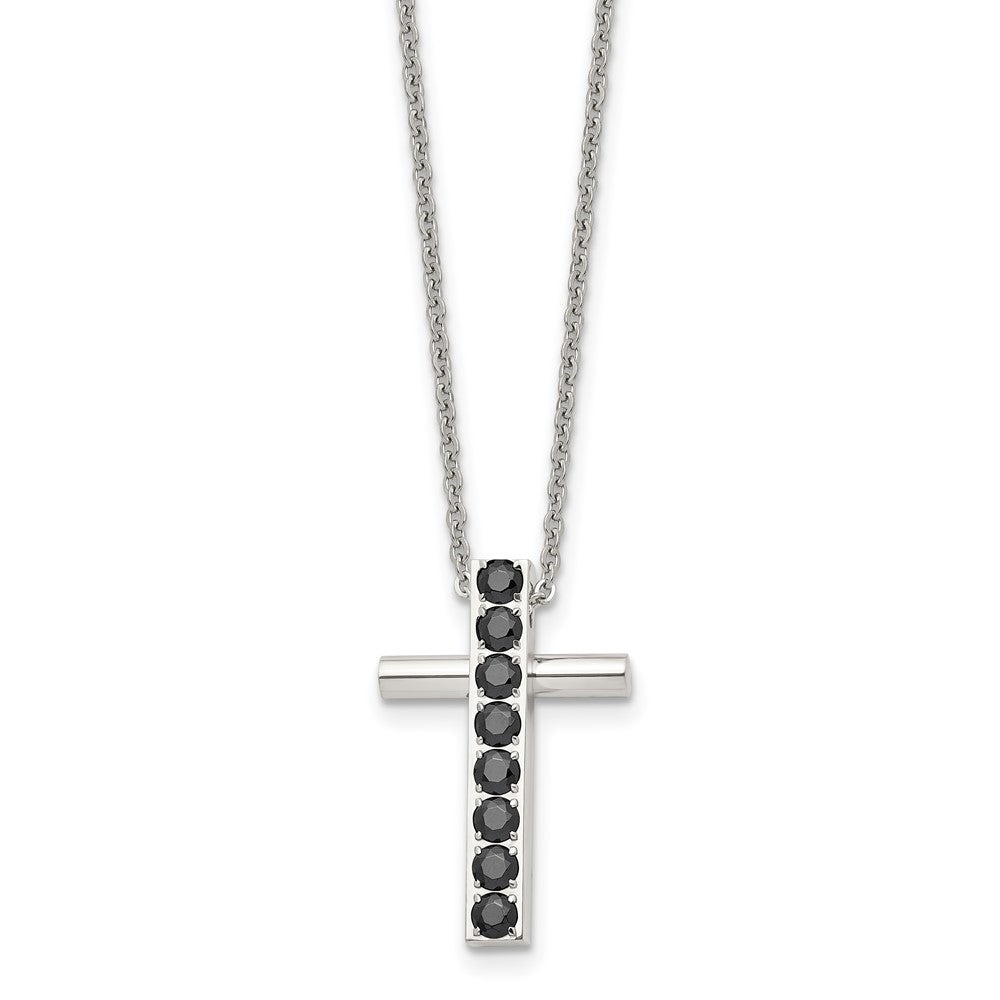 Stainless Steel Polished w/Black CZ Cross 22in Necklace