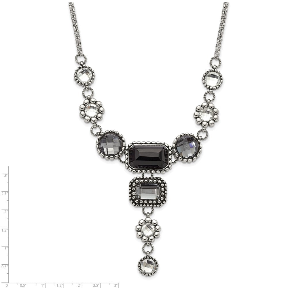 Stainless Steel Polished/Antiqued Fancy Glass Beads w/2in ext. Necklace