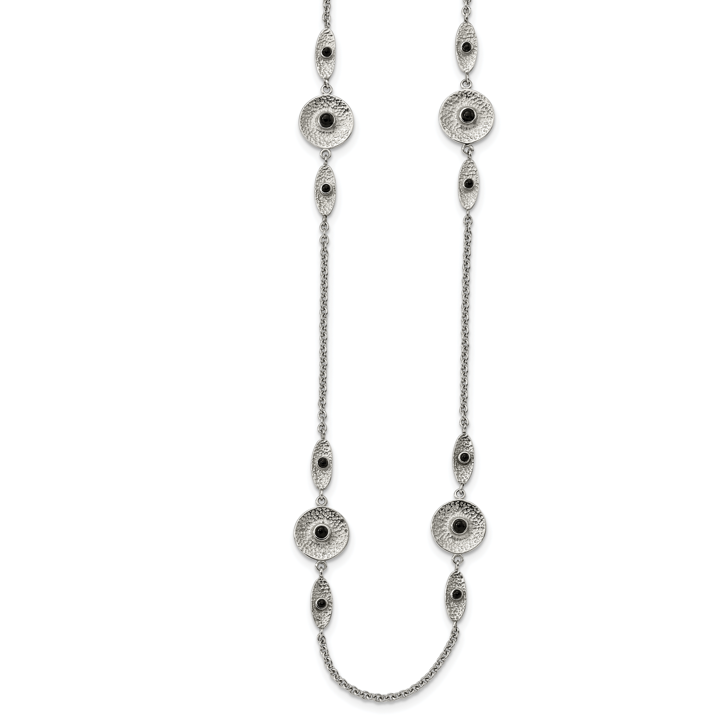 Stainless Steel Polished and Textured Black Onyx 34in w/2in ext Necklace