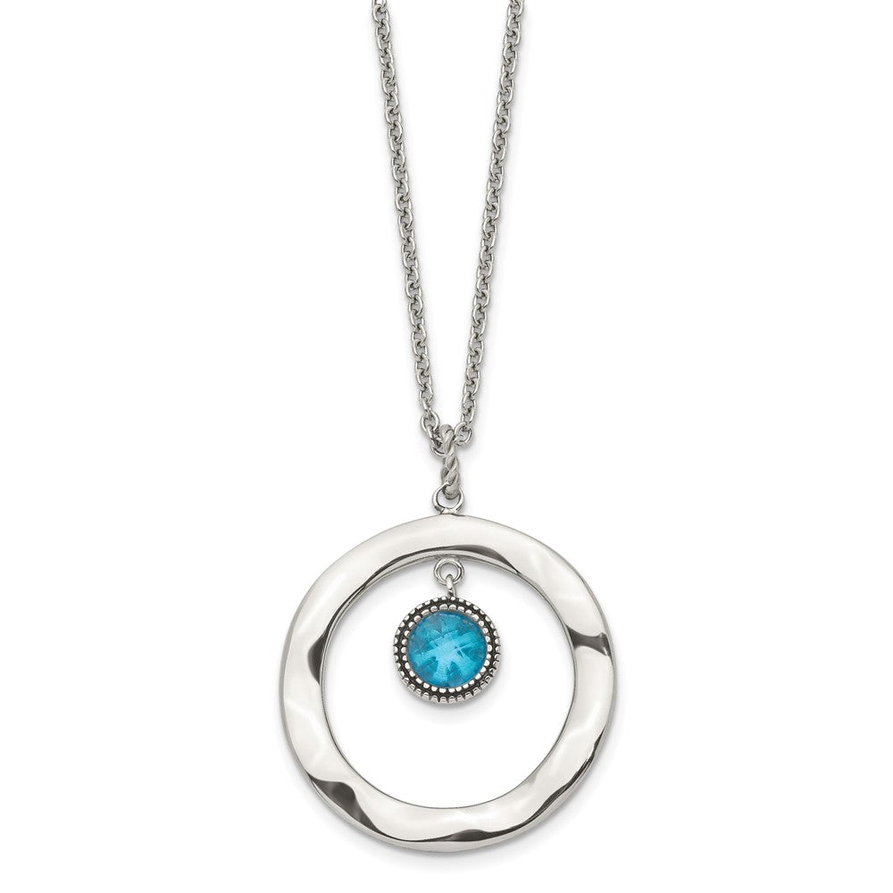 Stainless Steel Polished Blue Glass Circle 18in w/ 2in ext Necklace