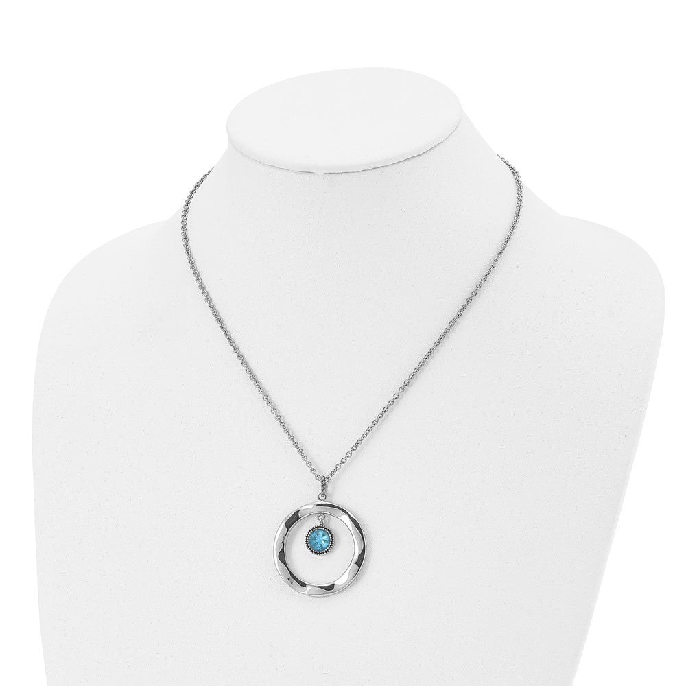 Stainless Steel Polished Blue Glass Circle 18in w/ 2in ext Necklace