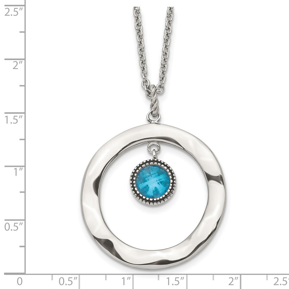 Stainless Steel Polished Blue Glass Circle 18in w/ 2in ext Necklace