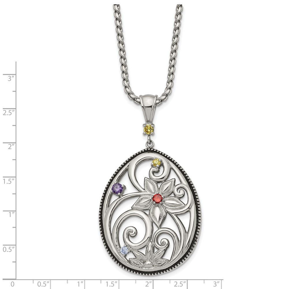 Stainless Steel Antiqued and Polished Multicolor CZ w/1.75in ext Necklace
