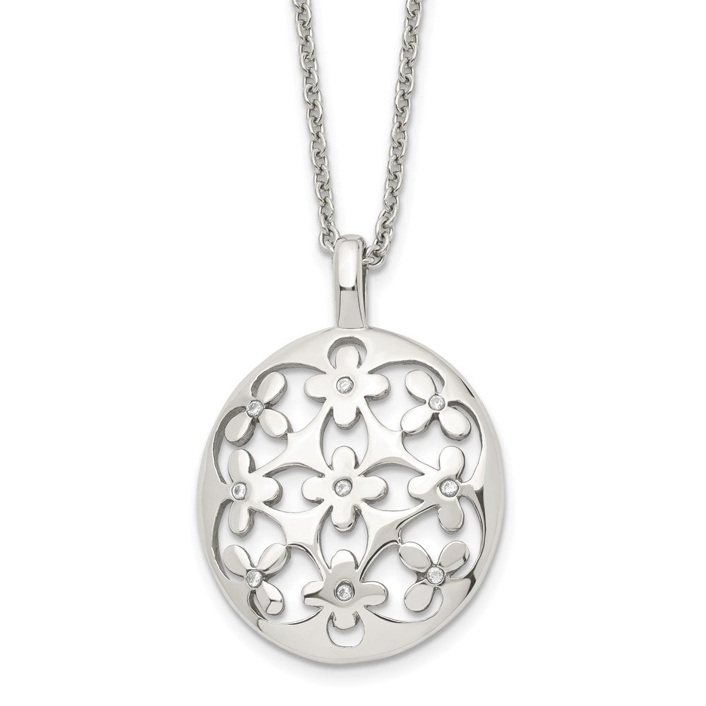 Stainless Steel Polished Circle w/CZ Flowers 18.25in w/2in ext Necklace