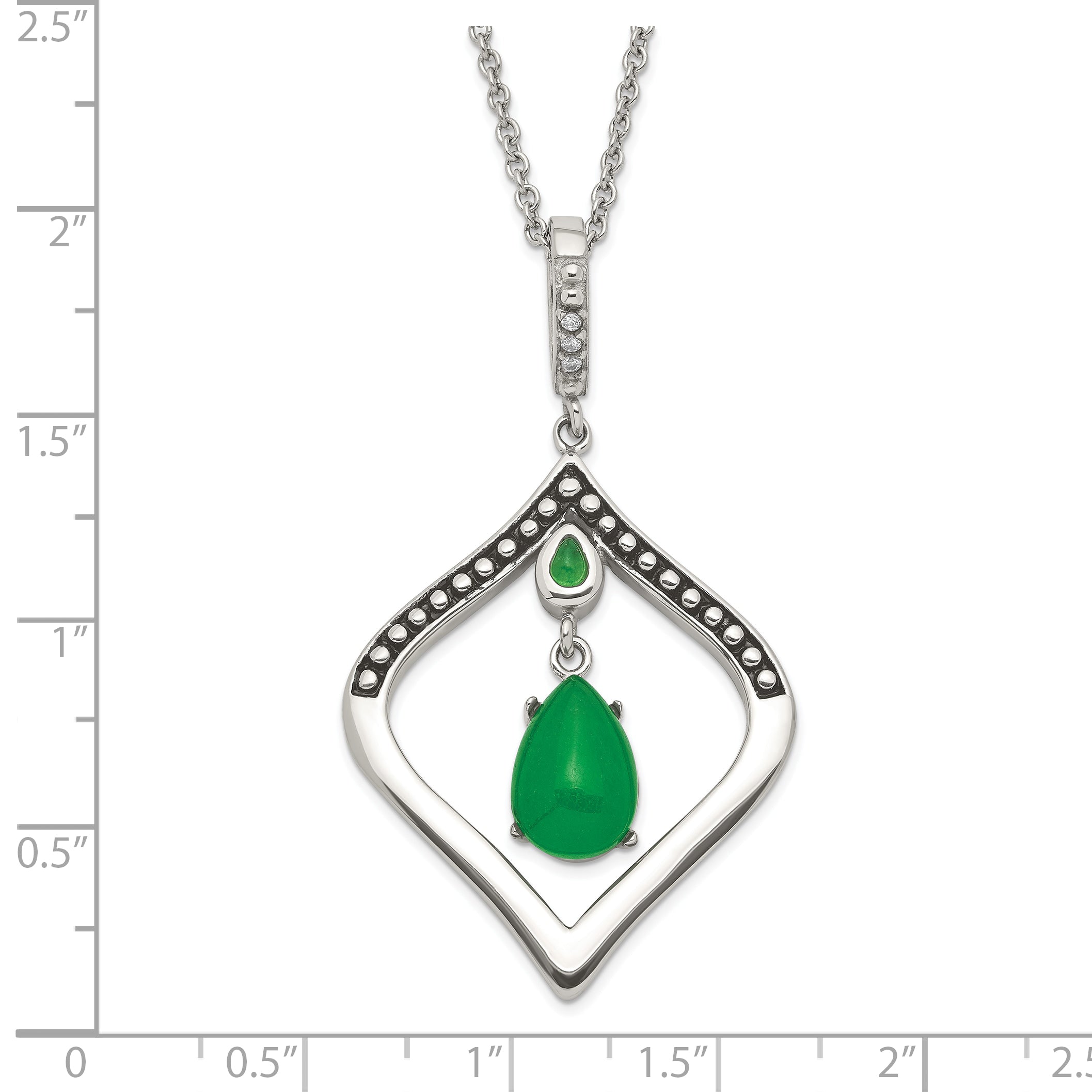 Stainless Steel Polished & Antiqued Synthetic Dyed Jade & CZ w/2in ext. Necklace
