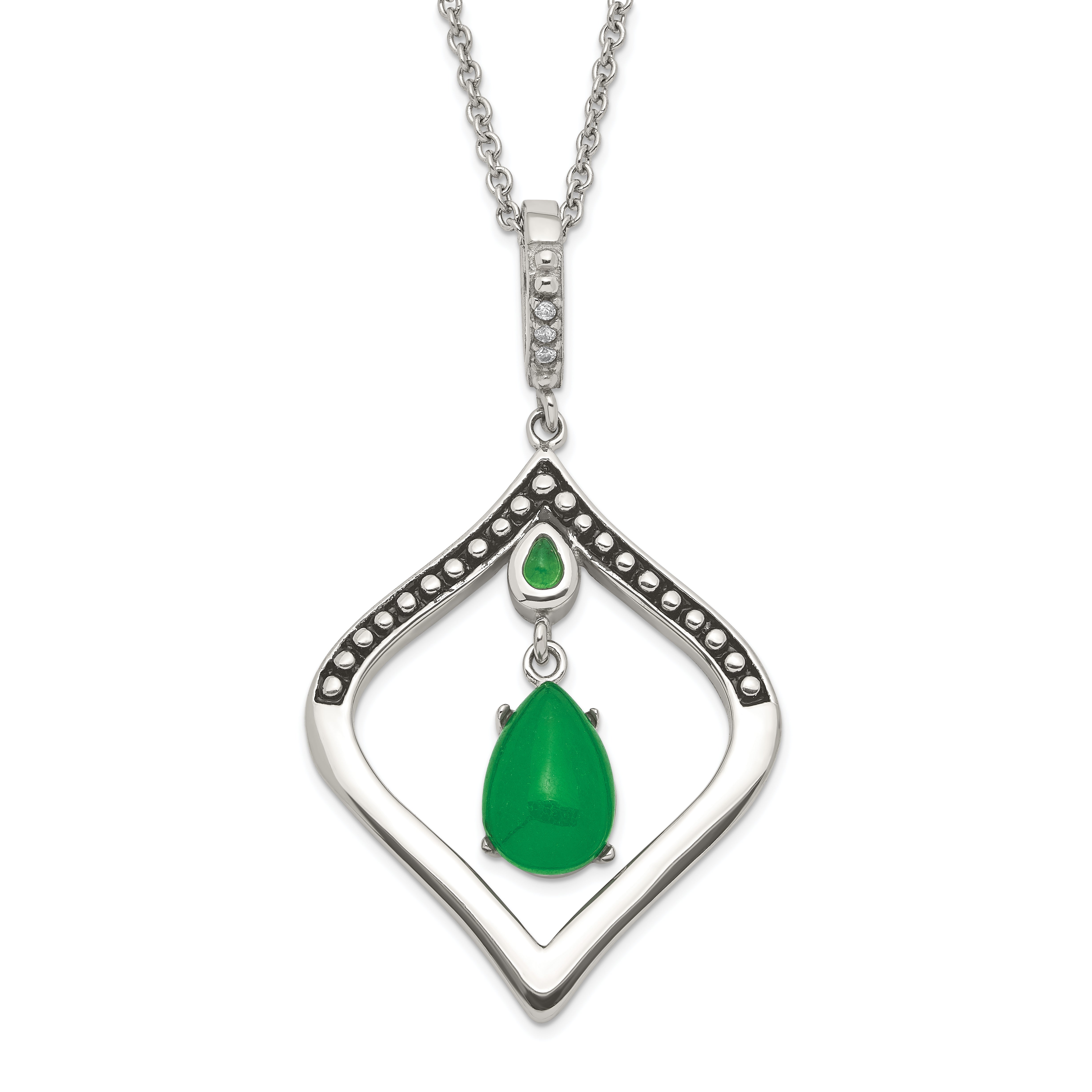 Stainless Steel Polished & Antiqued Synthetic Dyed Jade & CZ w/2in ext. Necklace