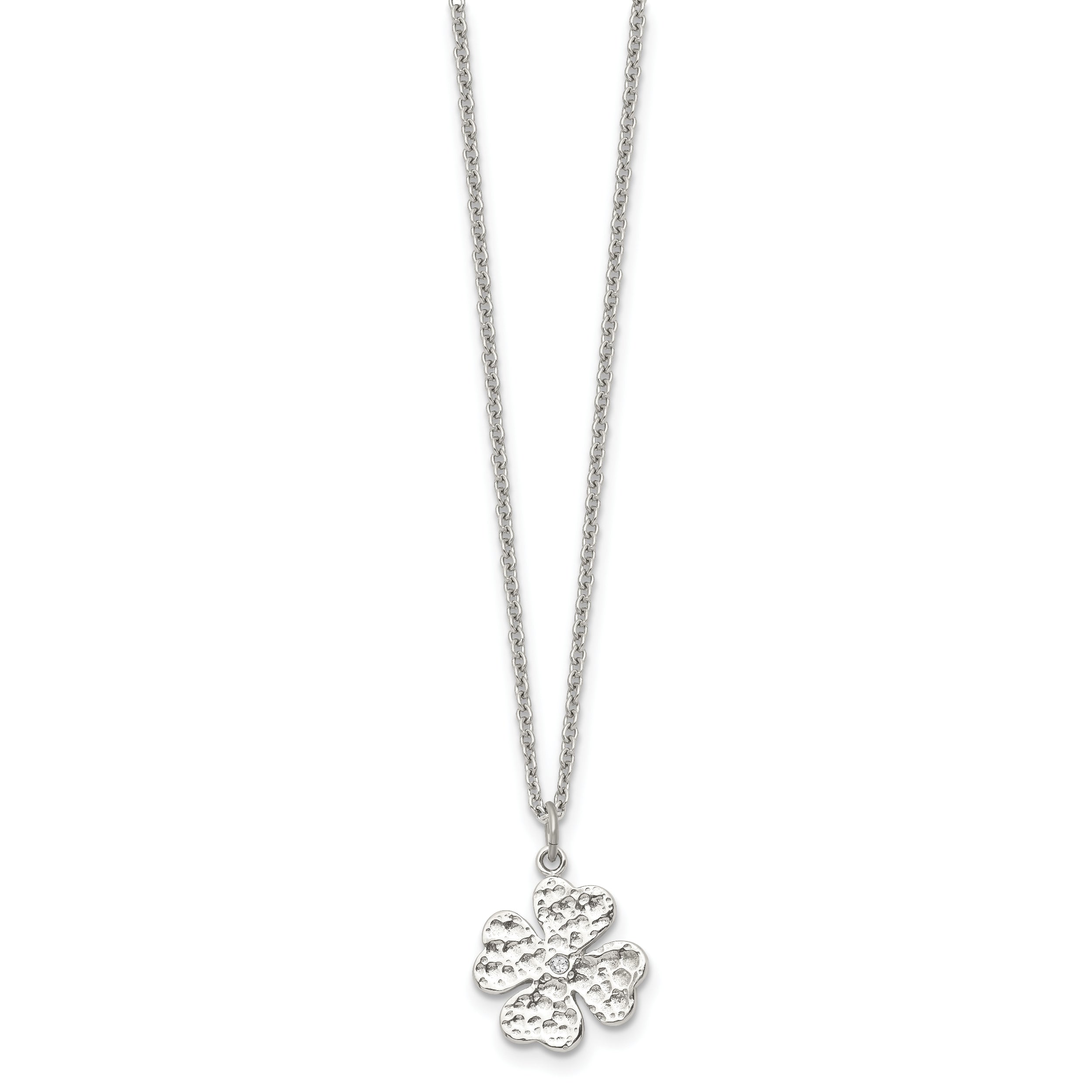 Stainless Steel Polished and Textured w/Crystal Four Leaf Clover Necklace