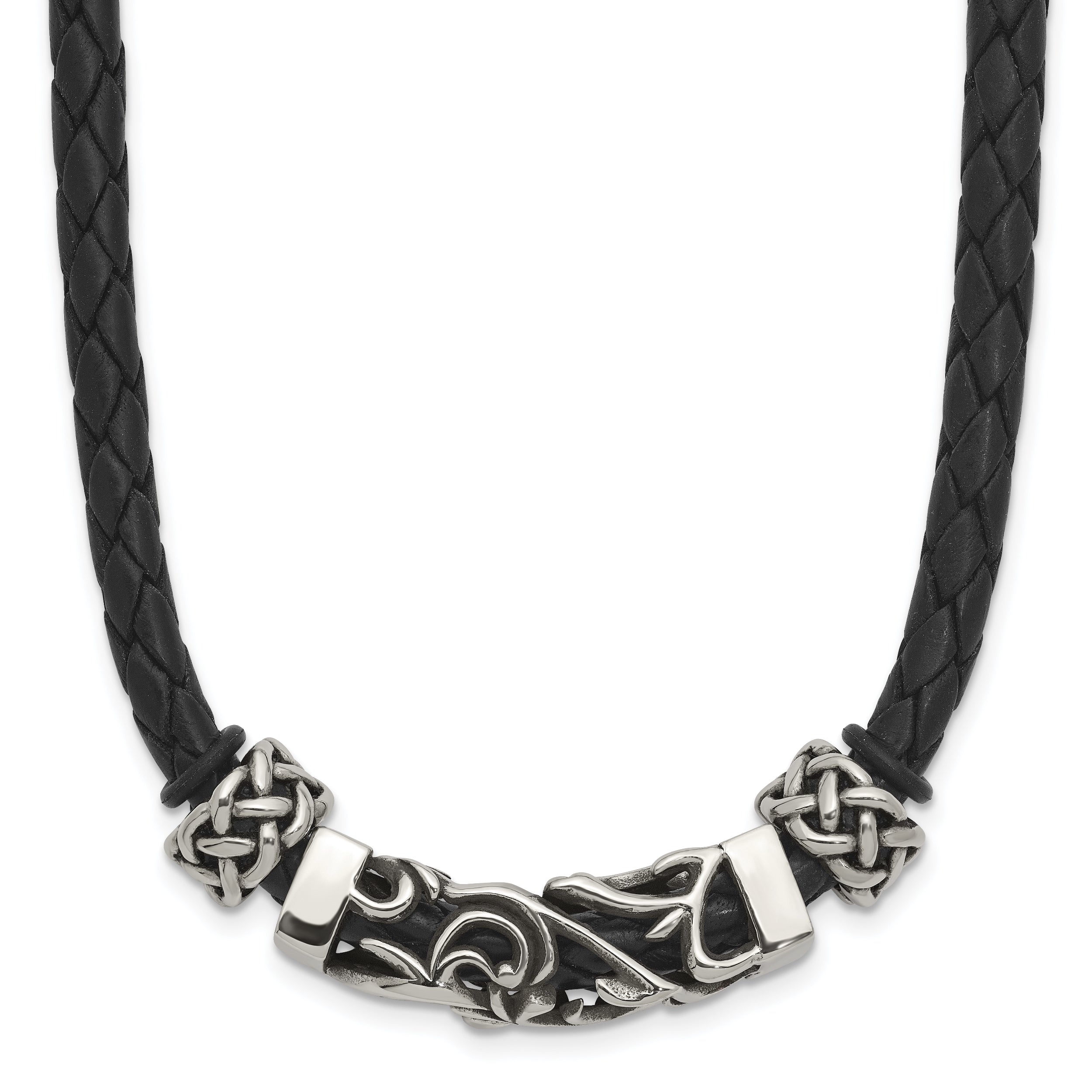Chisel Stainless Steel Black Leather with Antiqued Beads 19.75 inch Necklace