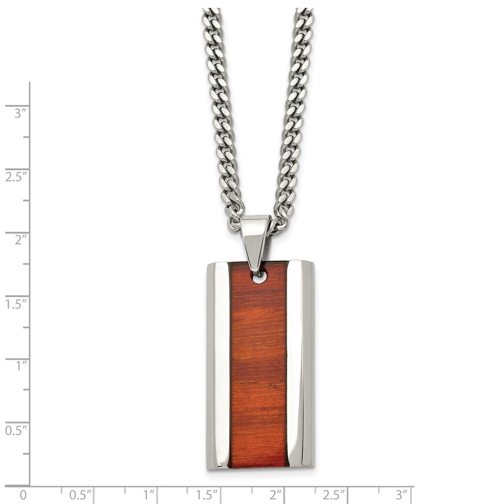 Chisel Stainless Steel Polished Red Koa Wood Inlay Enameled Pendant on a 20 inch Curb Chain Necklace