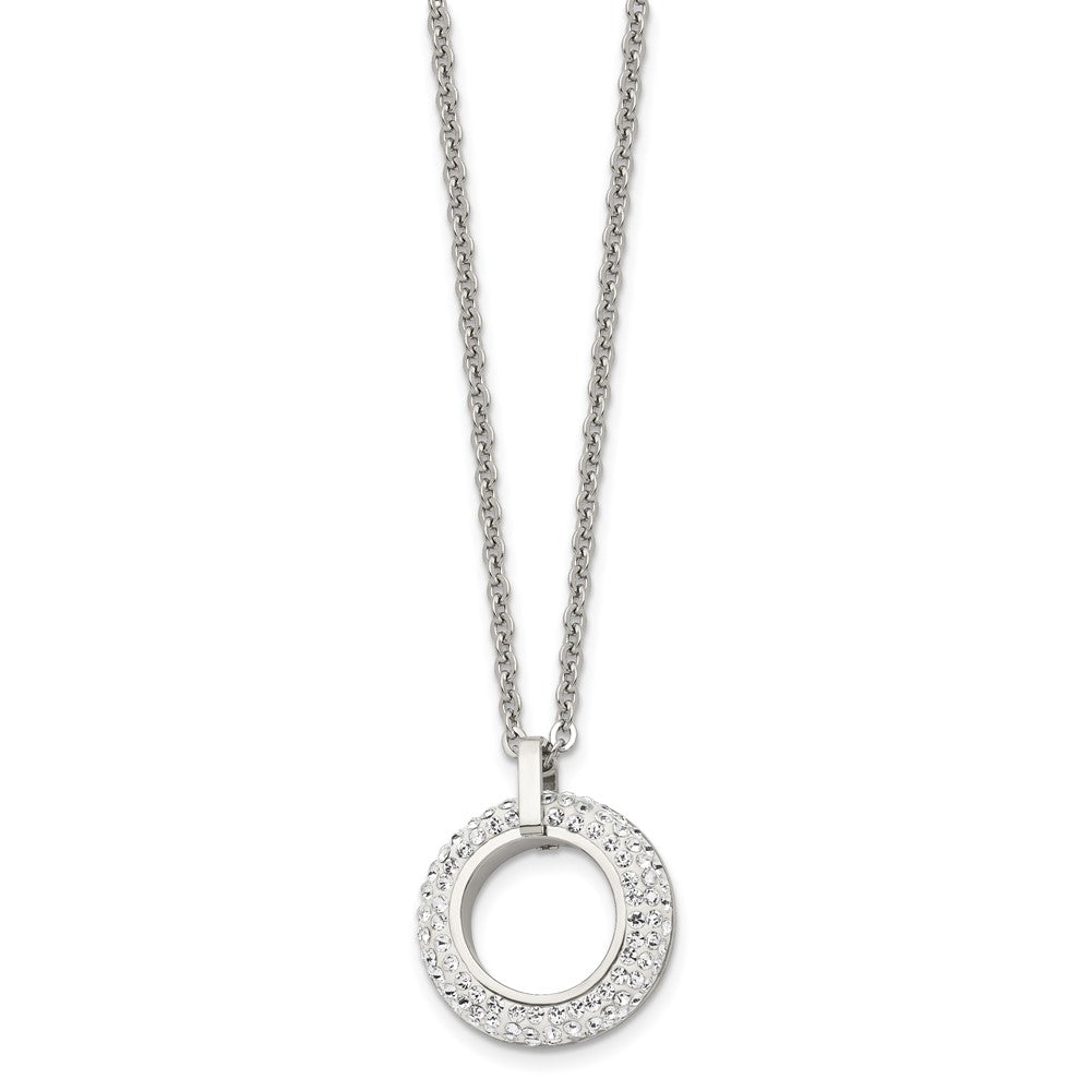 Chisel Stainless Steel Polished White Enameled with Crystals Open Circle Pendant on an 18 inch Cable Chain Necklace