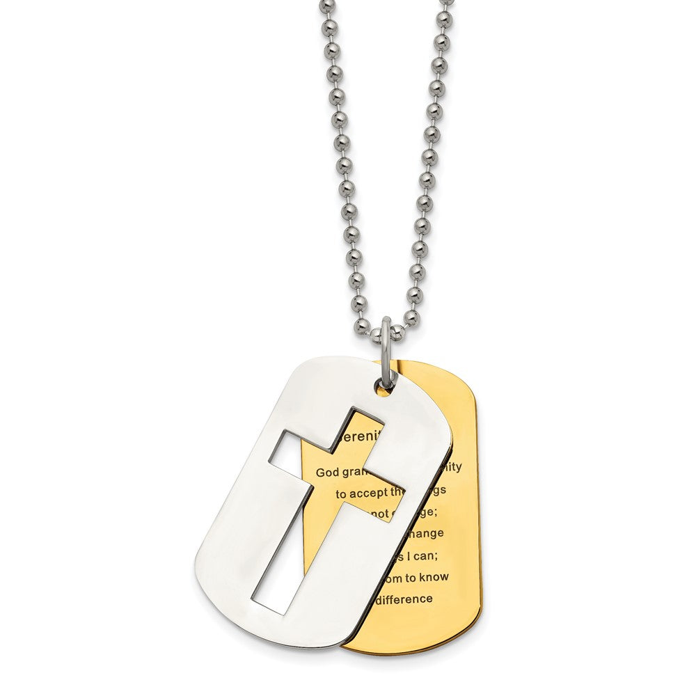 Chisel Stainless Steel Polished Yellow IP-plated 2 Piece Cross Serenity Prayer Dog Tag on a 22 inch Ball Chain Necklace