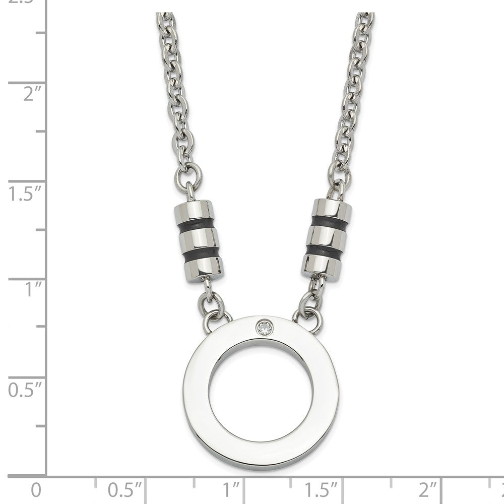 Stainless Steel Polished Black Enamel CZ Circle Necklace