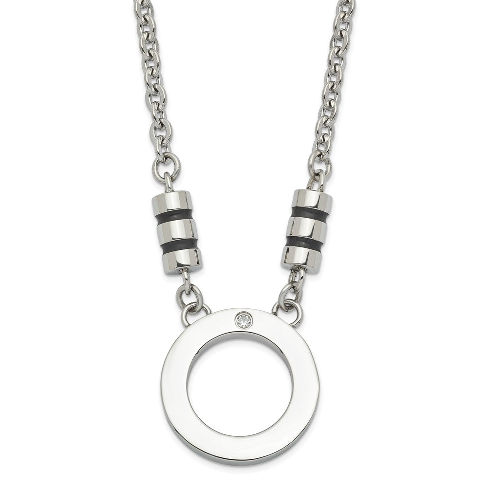 Stainless Steel Polished Black Enamel CZ Circle Necklace