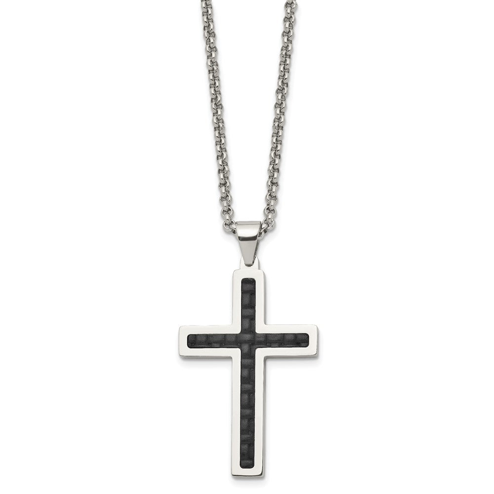 Chisel Stainless Steel Polished and Textured Black Leather Inlay Cross Pendant on a 20 inch Rolo Chain Necklace