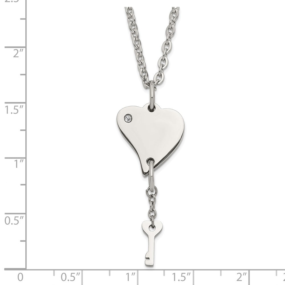 Stainless Steel Polished Heart with CZ and Key Dangle Necklace