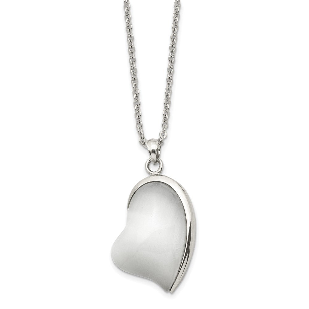 Stainless Steel Polished White Cat's Eye Heart 20in Necklace