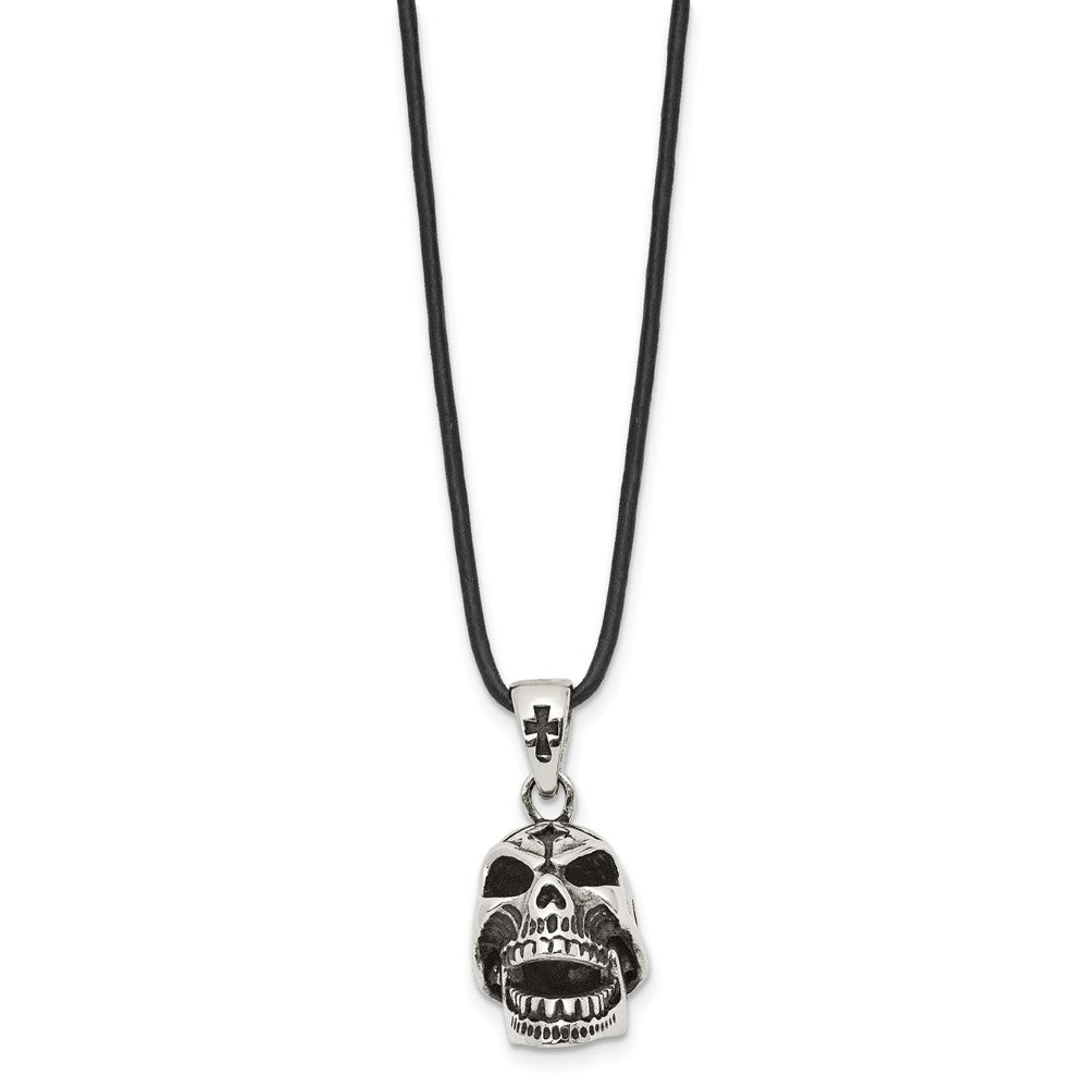 Chisel Stainless Steel Antiqued and Polished Moveable Skull Pendant on a 20 inch Leather Cord Necklace
