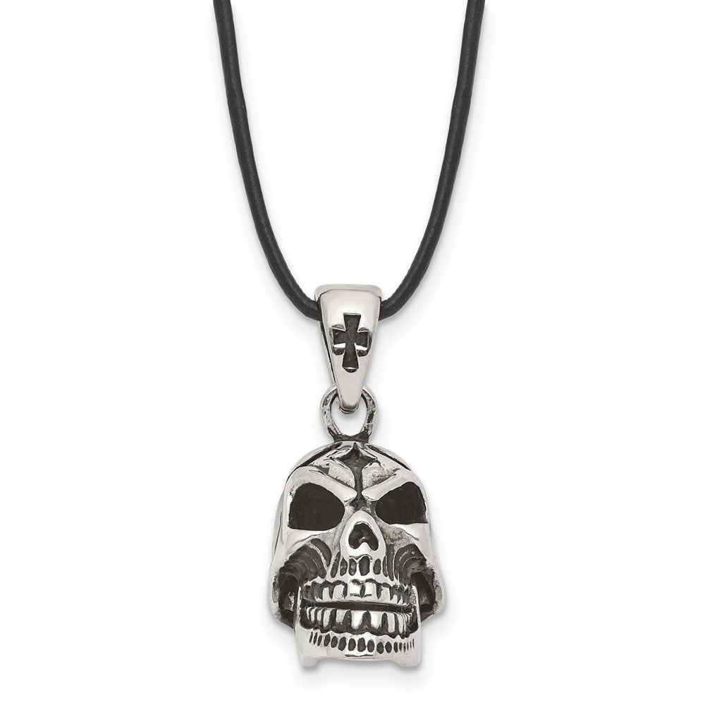 Chisel Stainless Steel Antiqued and Polished Moveable Skull Pendant on a 20 inch Leather Cord Necklace