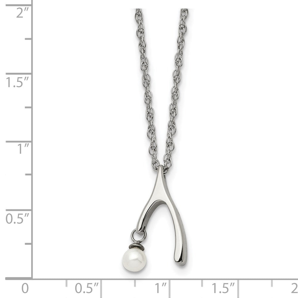 Stainless Steel Polished Wishbone Imitation Pearl 16in Necklace