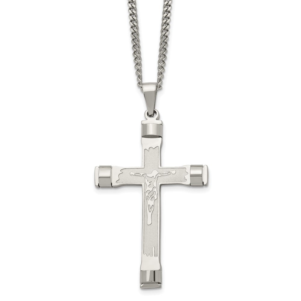 Chisel Stainless Steel Brushed and Polished Crucifix Pendant on a 22 inch Curb Chain Necklace
