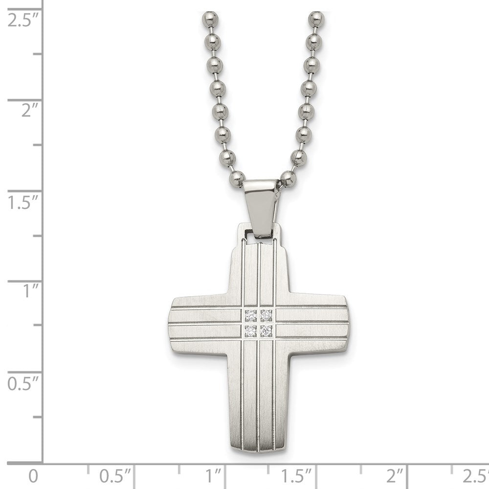 Chisel Stainless Steel Brushed and Polished with CZ Grooved Cross Pendant on a 22 inch Ball Chain Necklace