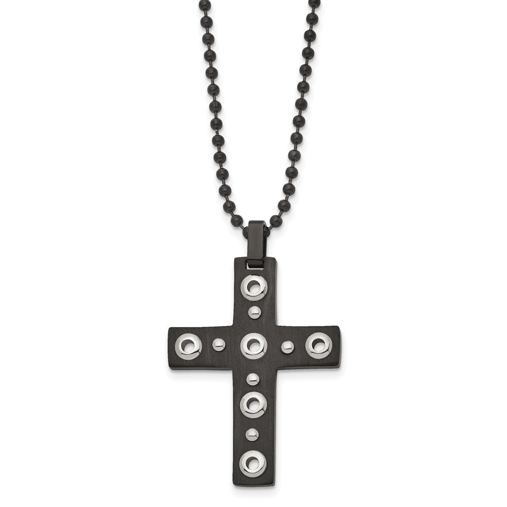 Stainless Steel Brushed and Polished Black IP-plated Cross 22in Necklace