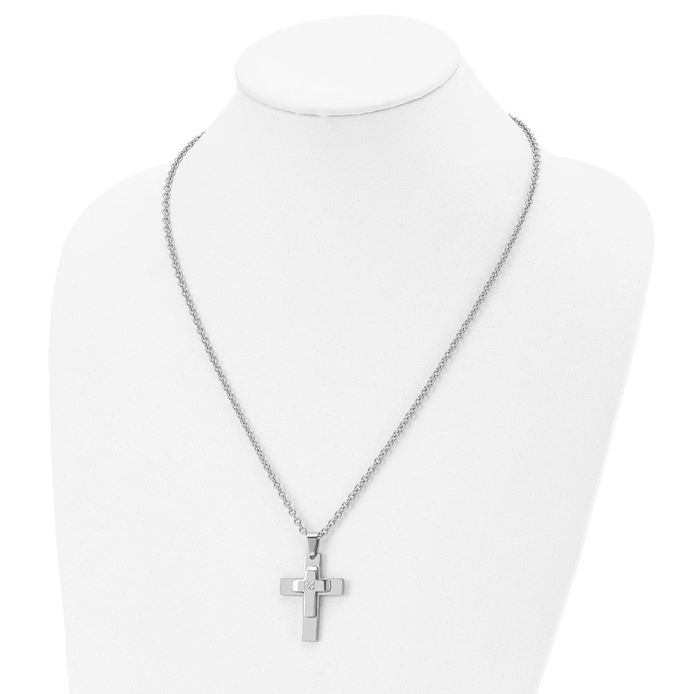 Chisel Stainless Steel Polished with CZ Cross Pendant on a 22 inch Cable Chain Necklace