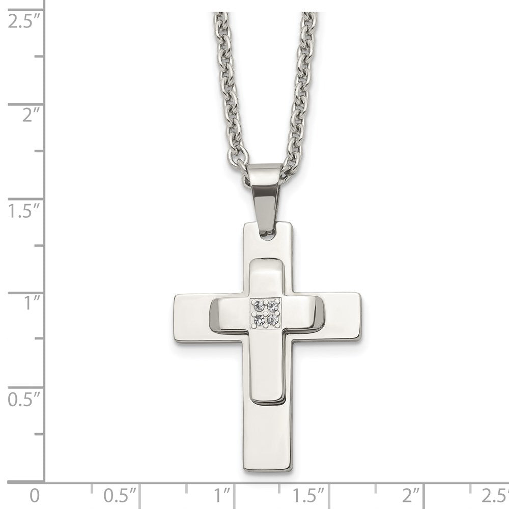 Chisel Stainless Steel Polished with CZ Cross Pendant on a 22 inch Cable Chain Necklace