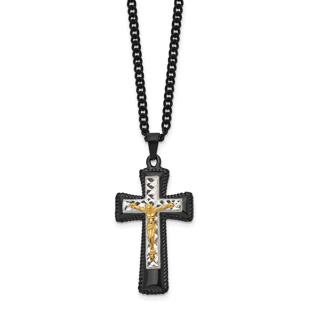 Chisel Stainless Steel Polished Black IP-plated, Gold-plated and Silver-Plated Brass Crucifix on a 24 inch Curb Chain Neck...