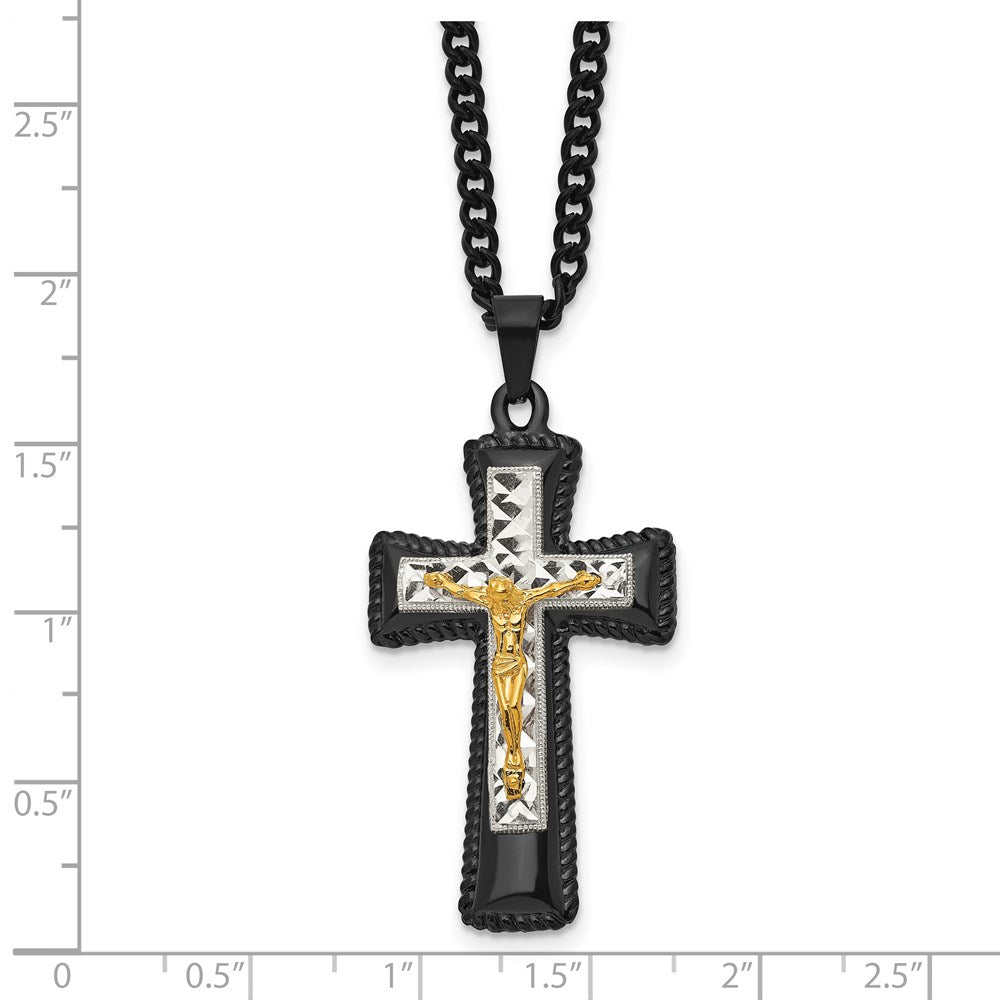 Chisel Stainless Steel Polished Black IP-plated, Gold-plated and Silver-Plated Brass Crucifix on a 24 inch Curb Chain Neck...