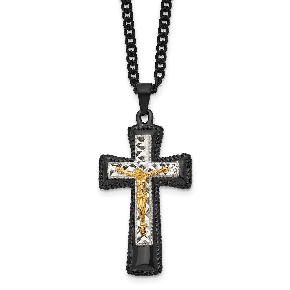 Chisel Stainless Steel Polished Black IP-plated, Gold-plated and Silver-Plated Brass Crucifix on a 24 inch Curb Chain Neck...
