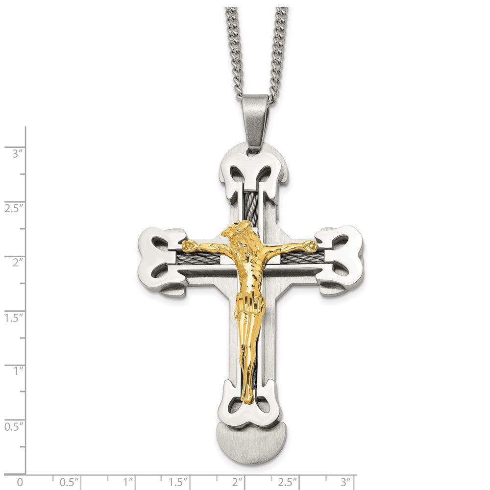 Chisel Stainless Steel Brushed and Polished Yellow IP-plated with Cable Crucifix Pendant on a 24 inch Curb Chain Necklace