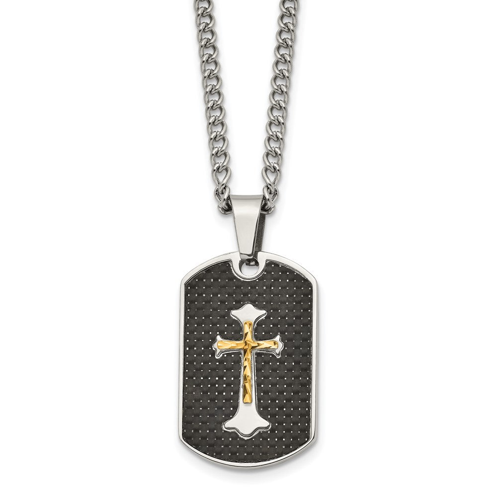 Chisel Stainless Steel Polished with Sterling Silver and Carbon Fiber Inlay Yellow IP-plated Cross on a 24 inch Curb Chain...