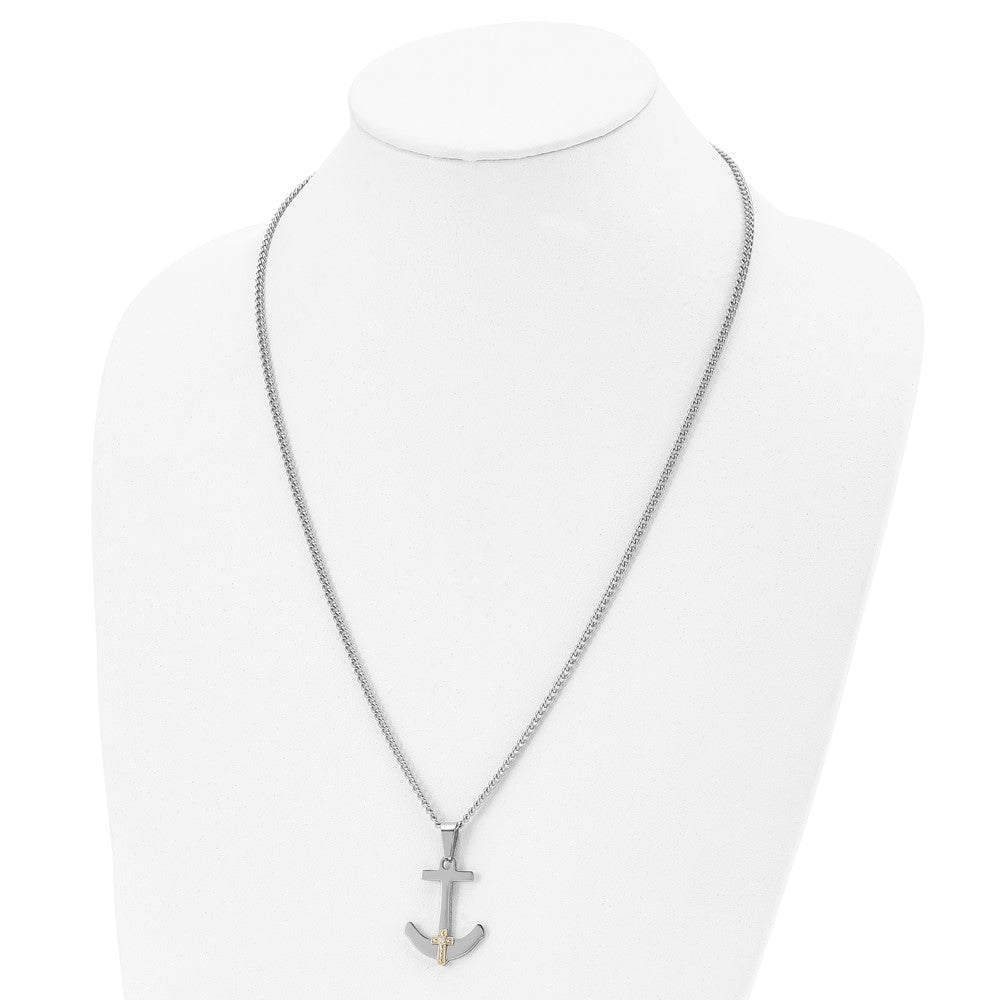 Chisel Stainless Steel Polished with 14k Gold and .02 Carat Diamond Anchor Mariner Cross Pendant on a 24 inch Curb Chain N...