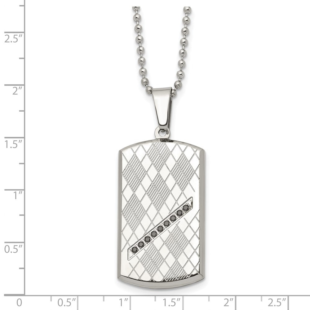 Stainless Steel 22in Polished & Textured w/Black CZ Dog Tag Necklace