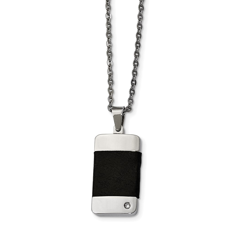 Stainless Steel Polished w/ CZ & Leather Reversible Inlay 22in Necklace