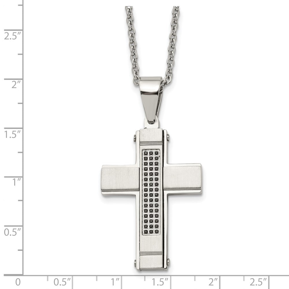 Stainless Steel Brushed and Polished w/Black CZ Cross 24in Necklace