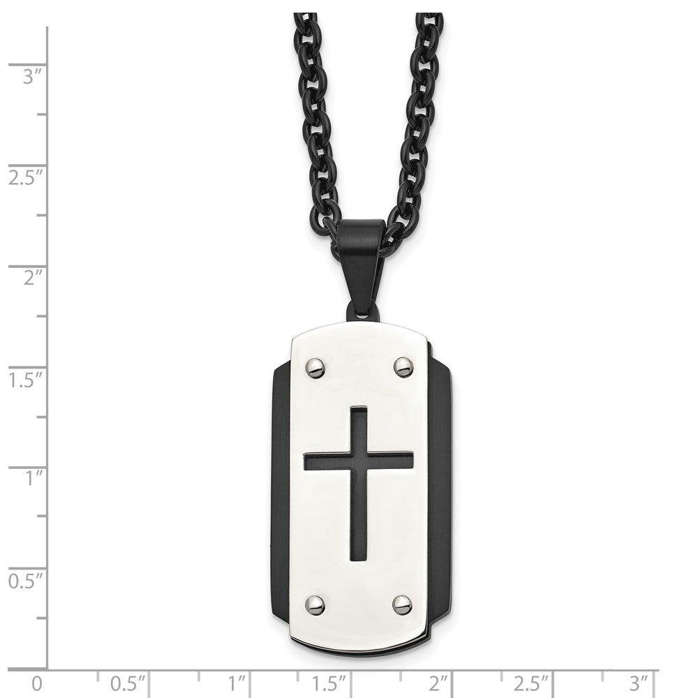 Stainless Steel Brushed and Polished Black IP-plated Cross 24in Necklace