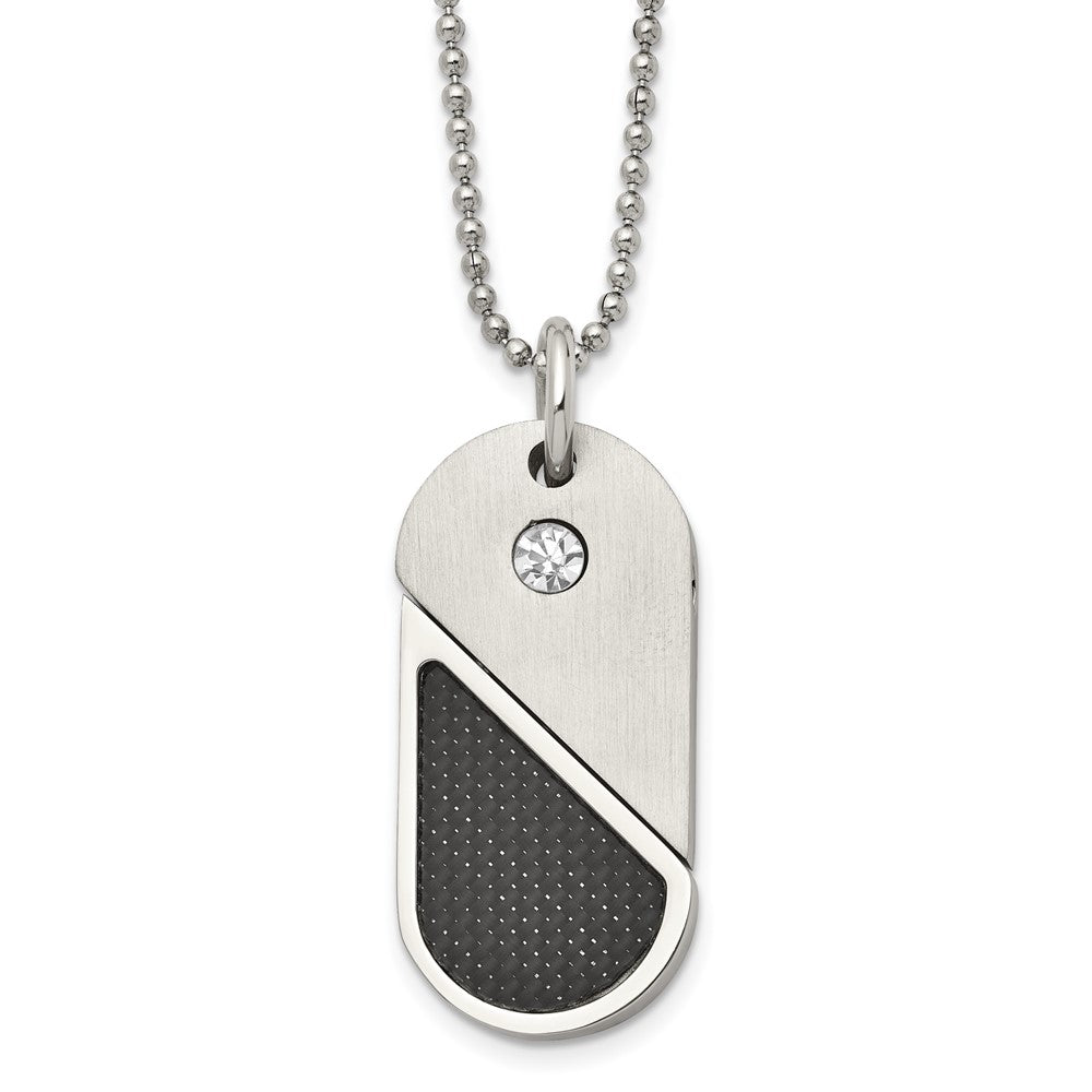 Chisel Stainless Steel Brushed and Polished with CZ and Carbon Fiber Inlay Movable DogTag/Heart Pendant on a 22 in Ball Ch...