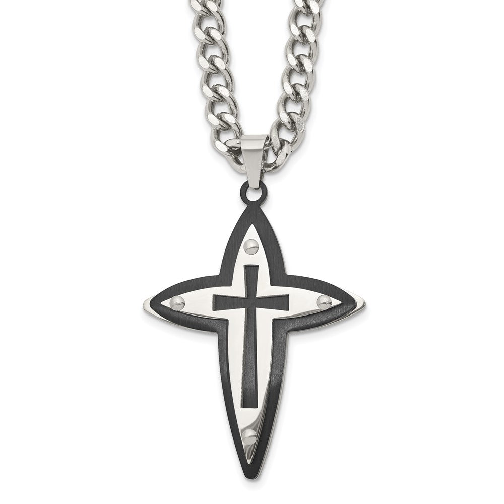 Chisel Stainless Steel Polished Black IP-plated Cross Pendant on a 22 inch Curb Chain Necklace