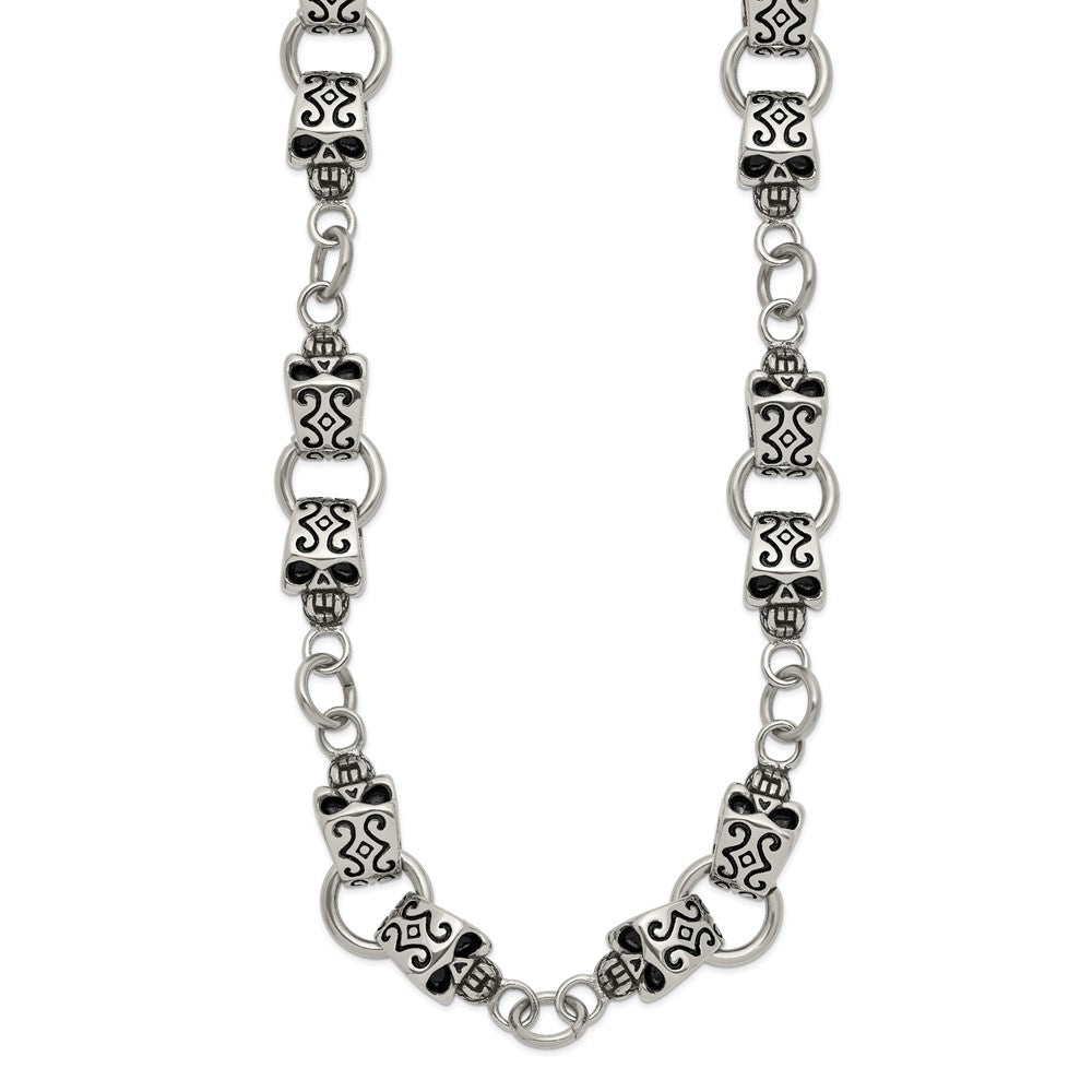 Chisel Stainless Steel Antiqued and Polished Skull 24 inch Necklace