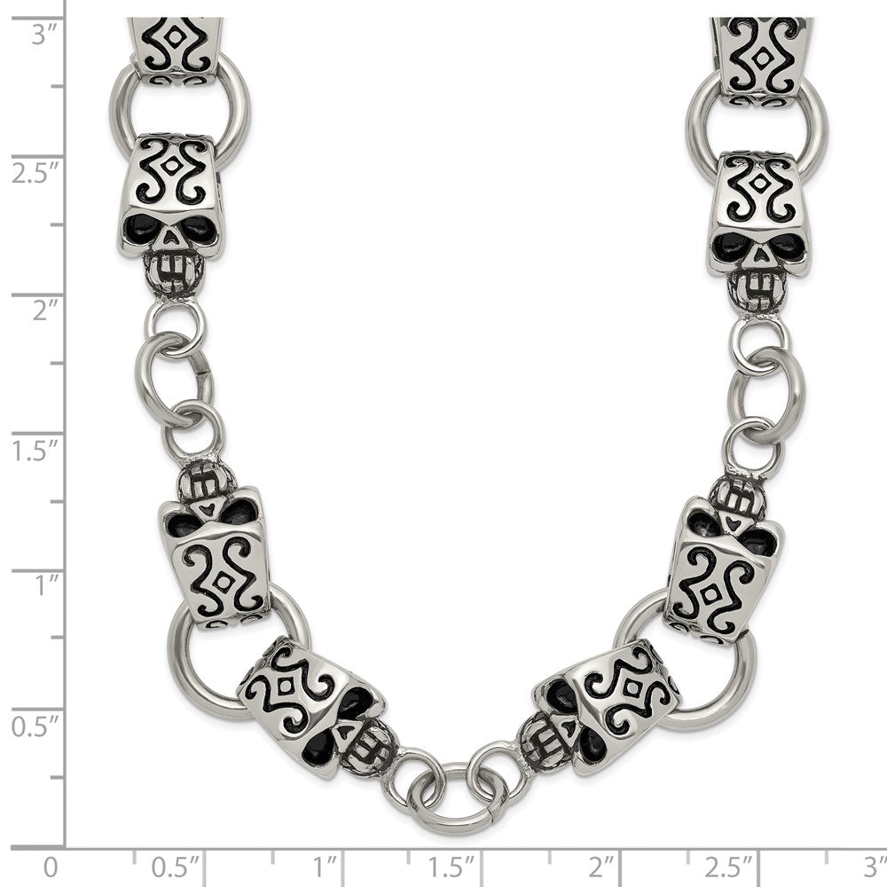 Chisel Stainless Steel Antiqued and Polished Skull 24 inch Necklace