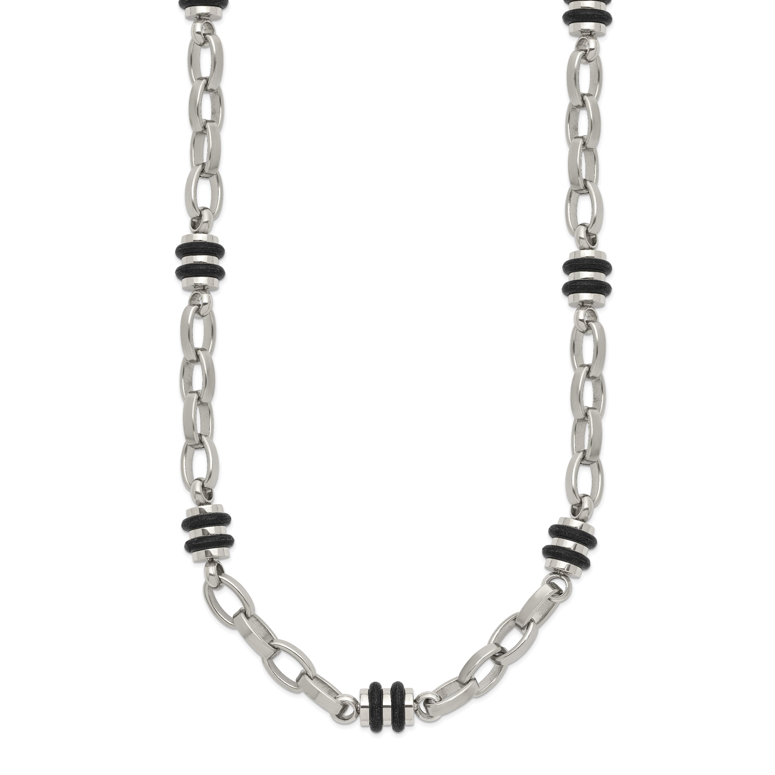 Chisel Stainless Steel Polished with Black Rubber Barrel Link 22 inch Necklace